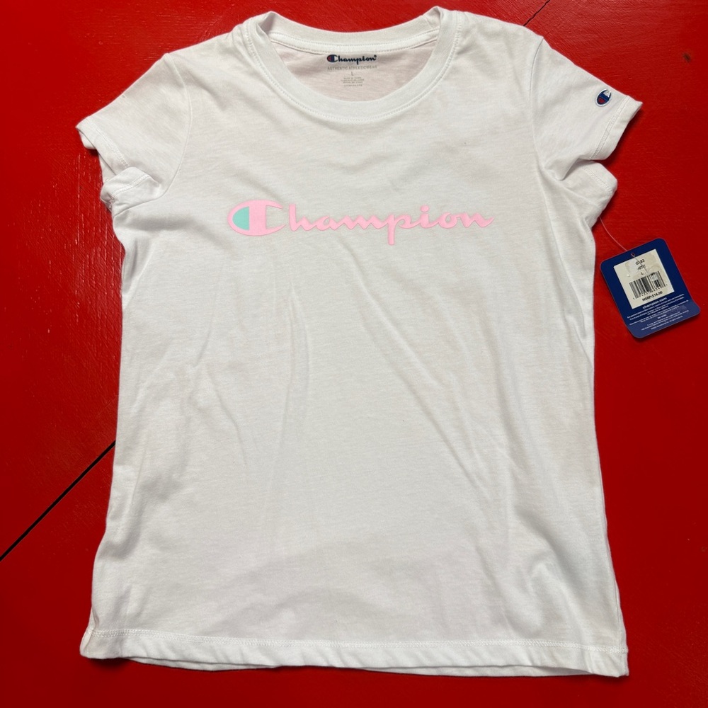 NWT Champion Kids White T-Shirt with Pink Logo